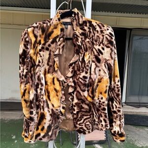 Carmen Marc Valvo Brown Tan & Gold Ruffle-Front Teddy Jacket